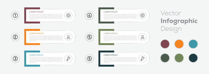 Modern progress bar featuring 6 shaped elements,  business strategy and progression. Clean timeline infographic design template. Vector design. 