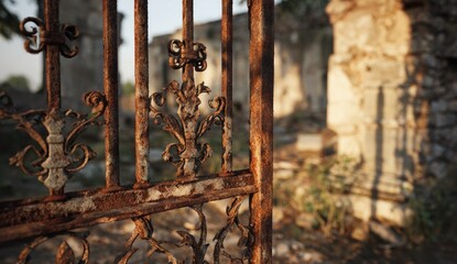 Rusty wrought-iron gate in a sunlit ruin