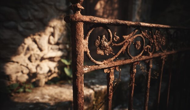 Rusted iron fence detail, sunlit, ornate - Powered by Adobe