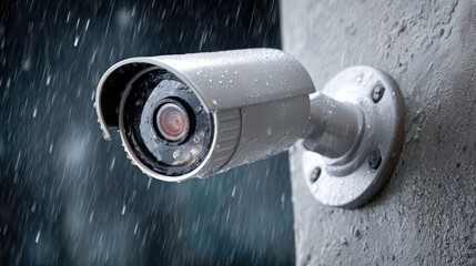 High-Resolution Security Camera Mounted on a Wall with Rain Falling in an Urban Environment