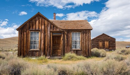 Rustic wooden cabin, weathered and aged, amidst a dry landscape under a partly cloudy sky