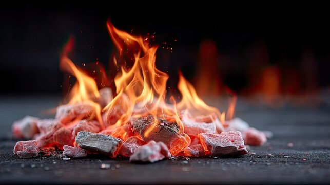 Burning Coals with Orange Flames and Smoke on Dark Background - Powered by Adobe