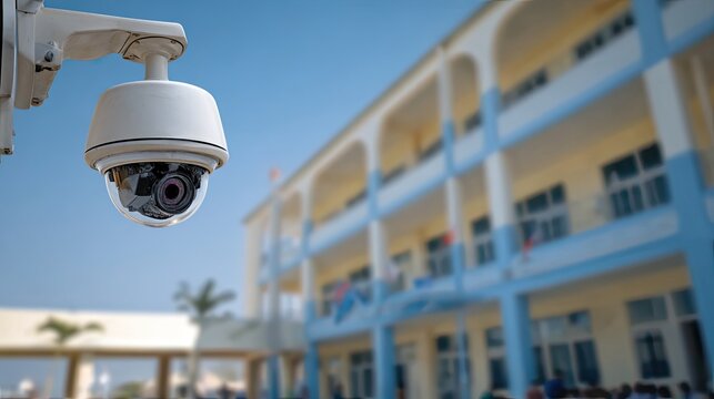 Surveillance Camera Mounted on Building Exterior with Blurred School Background Under Clear Blue Sky