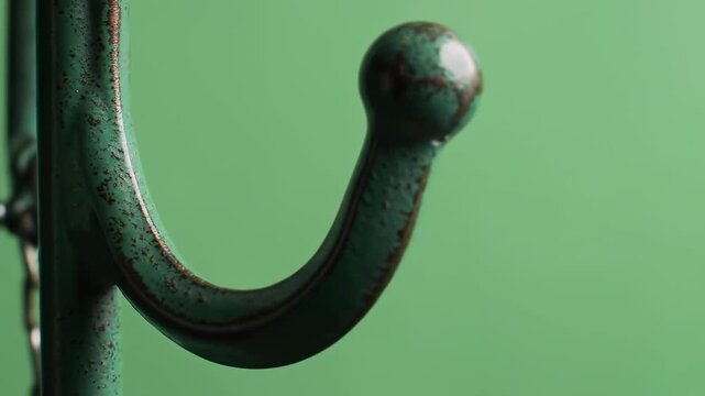 Close-up of a rustic green hook against a solid backdrop