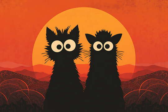 Vector balck Halloween creatures silhouetted against a glowing sunset sky, eerie and bold graphic design, AI-generated