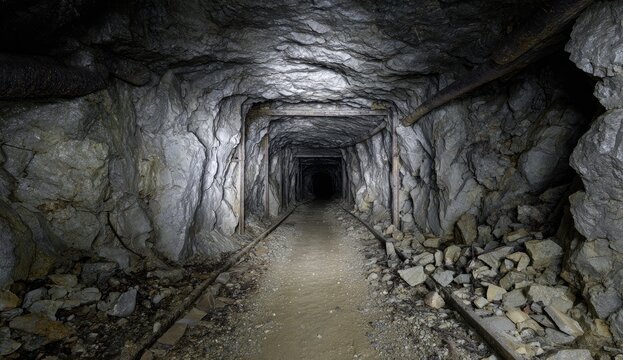 Dark, rocky tunnel, likely abandoned mine