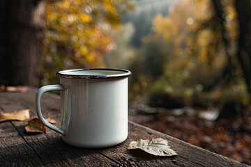 A white enamel mug sits on a rustic wooden surface outdoors, surrounded by autumn leaves, with a blurred background of fall foliage and a glimpse of a stream
