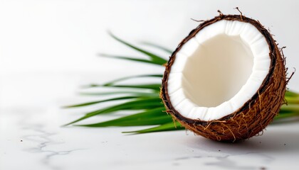 A whole coconut with its hard shell and inner white flesh, positioned against a backdrop of dried plants and a marble surface.
