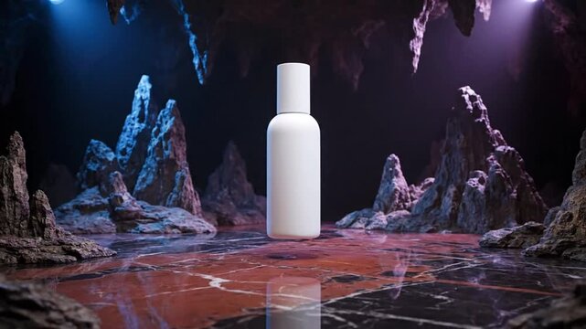 Levitating white bottle mockup on red black marble with cave-inspired cinematic background
