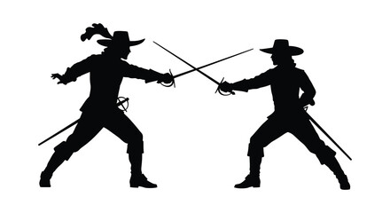 Silhouette of two men engaged in a dramatic sword fighting duel