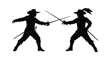 Silhouette of two figures engaged in a dramatic fencing duel