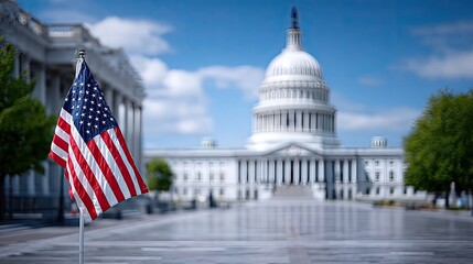Capitol Building Dome with American Flag Waving in Bright Daylight with Blue Sky and Lush Green Trees in Washington DC