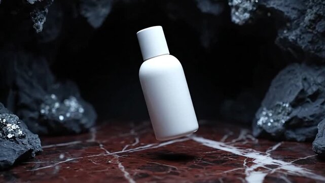 Plain white product bottle mockup floating on marble with cinematic cave dolly shot
