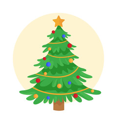 Christmas tree decorated with toys Winter holidays flat illustration