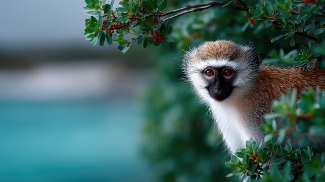 Cercopithecus Aethiops Monkey Sitting on Tree Branch Surrounded by Green Leaves and Red Berries in a Natural Outdoor Setting Cinematic Light