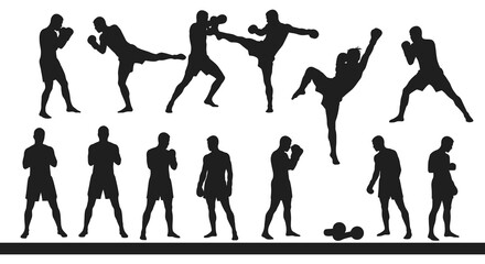 Silhouettes depicting various stages of martial arts and fighting movements