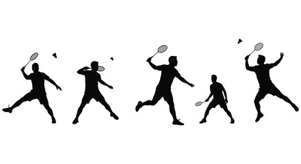 Dynamic silhouettes of badminton players in various stages of a rally