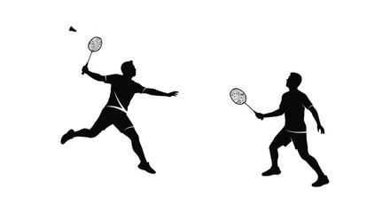 Silhouettes of two badminton players in mid game action against white background
