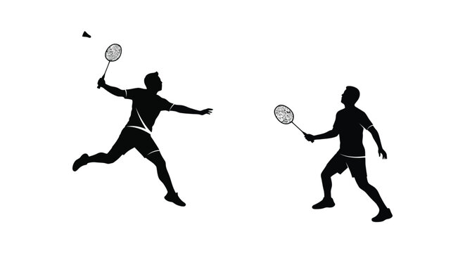Silhouettes of two badminton players in mid game action against white background