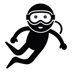 Black and White Illustration of a Cartoon Scuba Diver with Mask and Air Tank Swimming