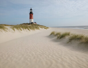 Showcasing the serene and picturesque beach scene on the island of Sylt, Germany, capturing the pristine white sand, rolling waves of the North Sea, and a majestic lighthouse.