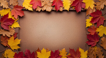 Autumn forest leaves scattered on edges with rustic brown background, clean space in middle.