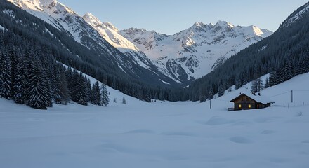 Naklejka premium Cozy wooden cabin nestled in a snow-covered alpine valley with majestic mountains