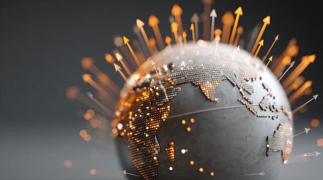 3D Illustration of Earth with Data Points and Upward Arrows Representing Global Growth and Technology Connectivity