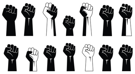 Diverse raised fists representing solidarity protest and empowerment in black and white