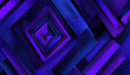 Abstract geometric pattern of interlocking squares and triangles in deep purple and violet hues, creating a tunnel-like perspective
