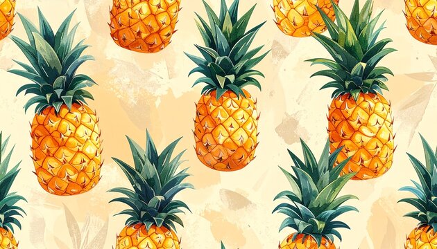 Watercolor painting of a vibrant pineapple repeat pattern.  The pineapples are depicted with realistic detail against a soft, textured background.