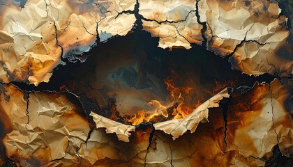 Naklejka premium A textured, abstract scene of crumpled paper, ravaged by fire, revealing a dramatic, fiery core.