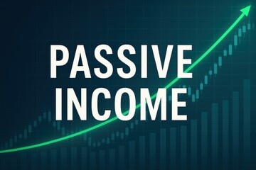 A glowing green arrow rises sharply over a financial chart with the words "PASSIVE INCOME," representing steady earnings and wealth growth.
