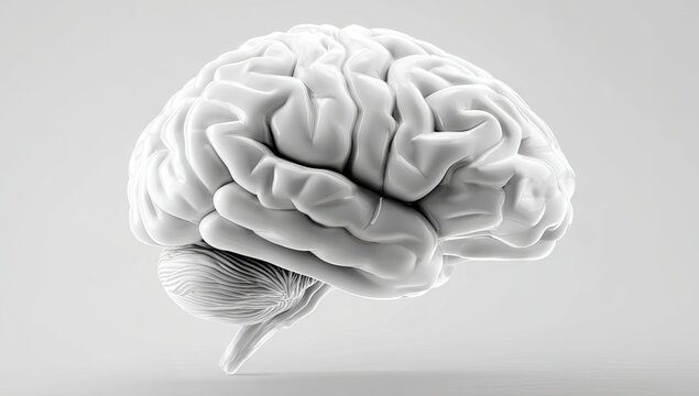 A detailed, three-dimensional rendering of a human brain in monochrome, presented against a subtly shaded backdrop