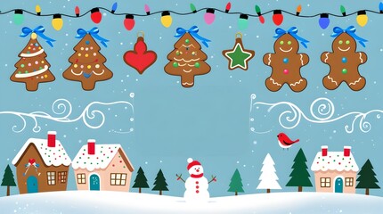 Obraz premium A whimsical Christmas card template featuring a gingerbread garland and a snowy village