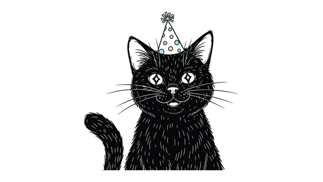 Birthday Cat Illustration: A whimsical illustration of a black cat wearing a festive birthday hat. This cheerful image captures the essence of joy, celebration.
