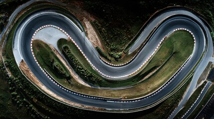 Aerial view of a winding asphalt race track with red and white curbs and green grassy banks