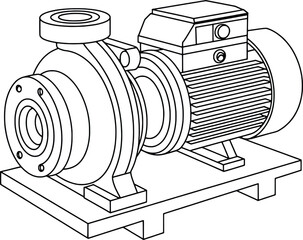 Detailed technical drawing of an electric centrifugal water pump on a base