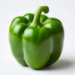 A single vibrant green bell pepper with a glossy surface and a curved stem isolated on white background