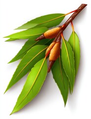 Detailed illustration of a plant branch with vibrant green leaves and small, light brown seed pods