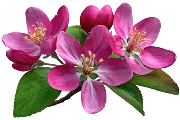 Close-up of vibrant pink apple blossoms with green leaves