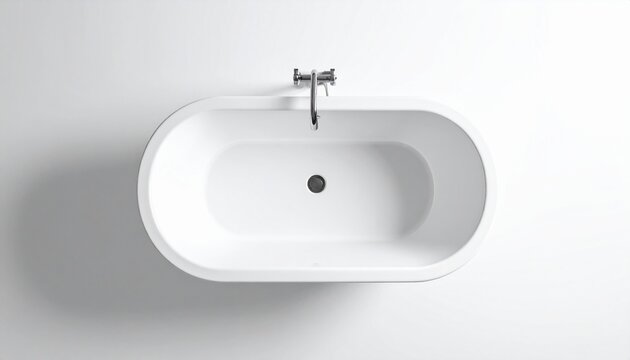 Top-down view of a clean, white, oval-shaped bathtub with a silver faucet against a white background.