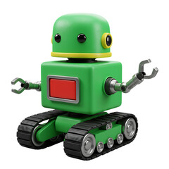 Cute green cartoon robot with treads, isolated on transparent background