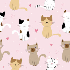 Obraz premium cats with different colors are sitting on pink background seamless pattern , vector , illustration