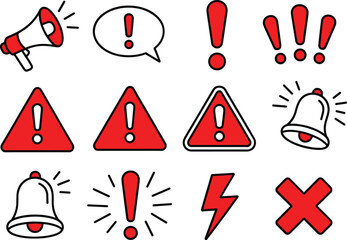 Hand drawn warning icons alert symbols danger signs notification bells and exclamation marks collection