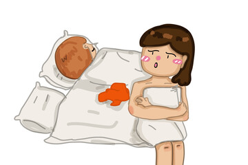 A girl sit on a bad after have some activity 