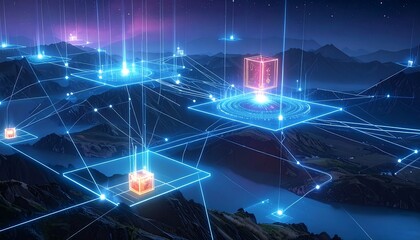 Digital network connecting glowing boxes over mountains