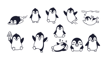 Playful Penguin Doodle Set: A collection of playful and adorable penguin doodle illustrations, each portraying a unique action and expression, perfect for adding a touch of whimsy to any design. © Atiya