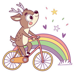 Cute cartoon deer with antlers happily riding a bicycle over a pastel rainbow with stars and hearts floating around it