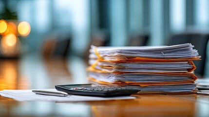 Fototapeta premium Paperwork and Calculator on Wooden Table in Modern Office Setting with Blurred Background and Soft Lighting